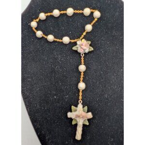 Vintage Porcelain Pocket Rosary Bracelet White Beads Gold Tone Chain Flowers